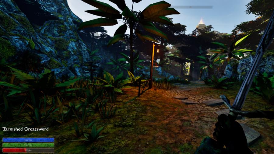 A player holding a greatsword on a jungle path at dusk
