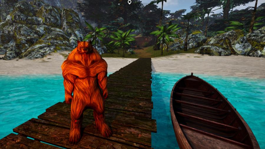 An Uruhan bearman standing on a wooden jetty beside a rowing boat